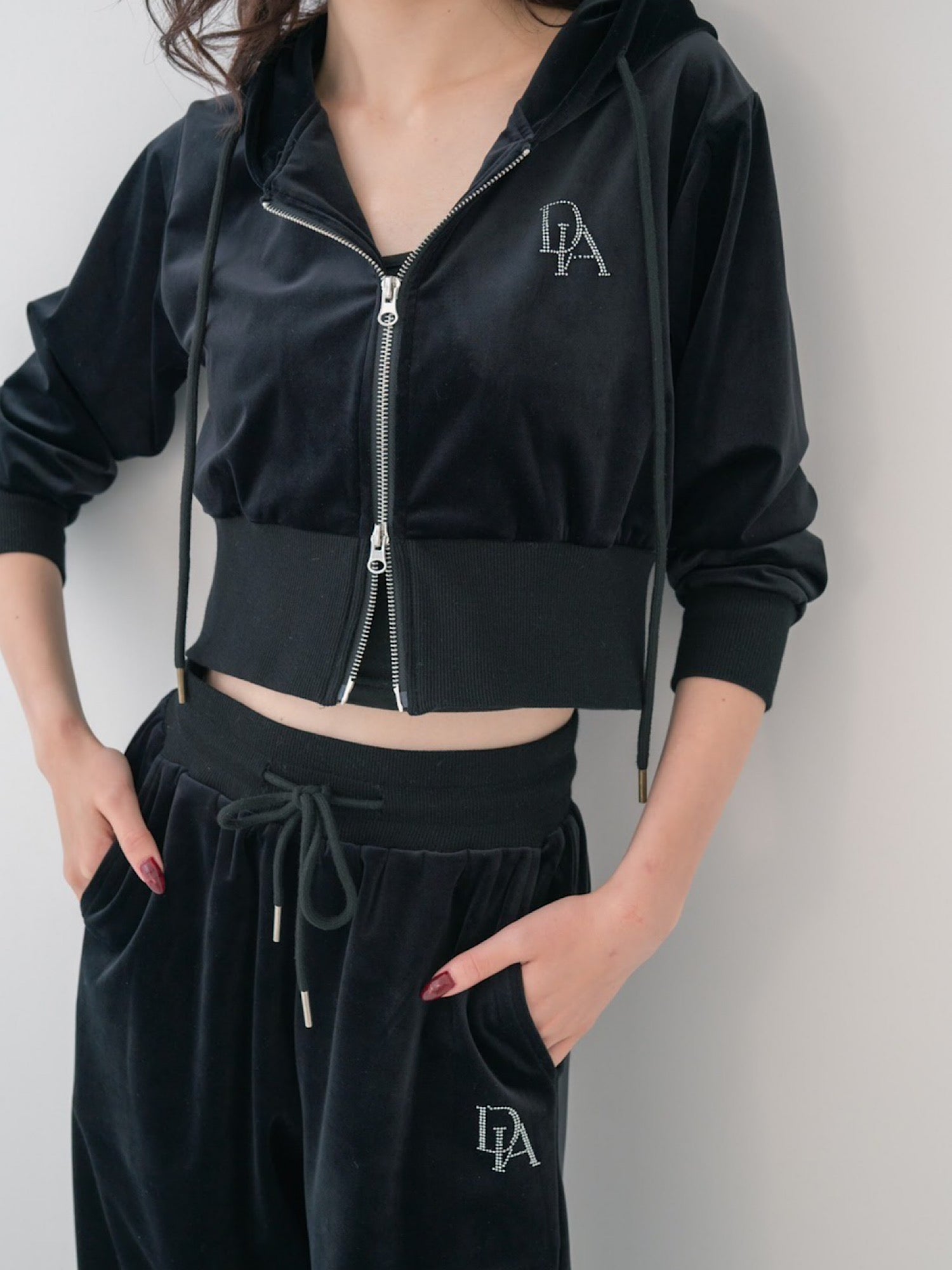 Velour cropped zip-up hoodie