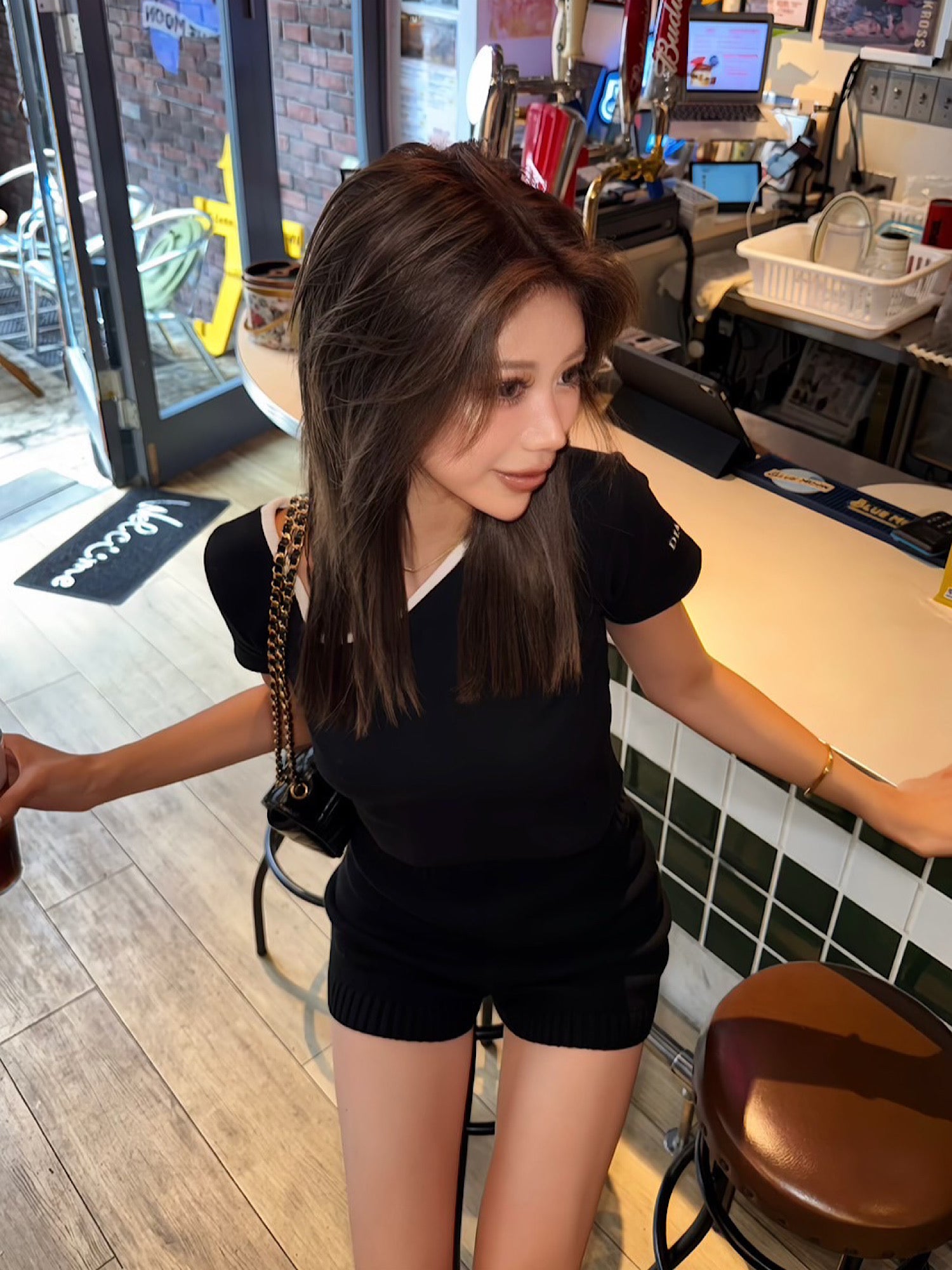 Asymmetry neck half sleeve tops