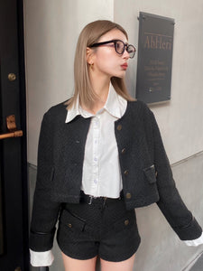 Leather piping tweed jacket