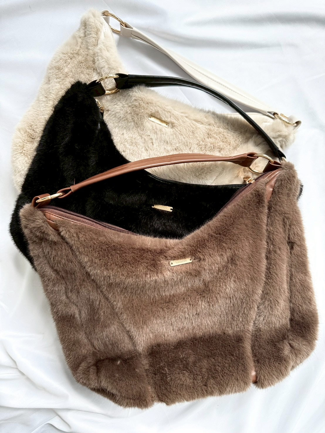 Leather handle eco fur bag